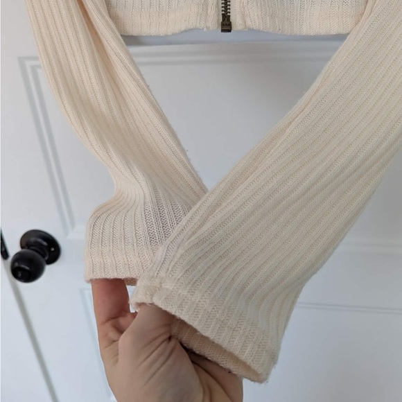 BDG Urban Outfitters Cream Ribbed Zip Up Sweater Y2K Cropped Top Size Large - Picture 7 of 8